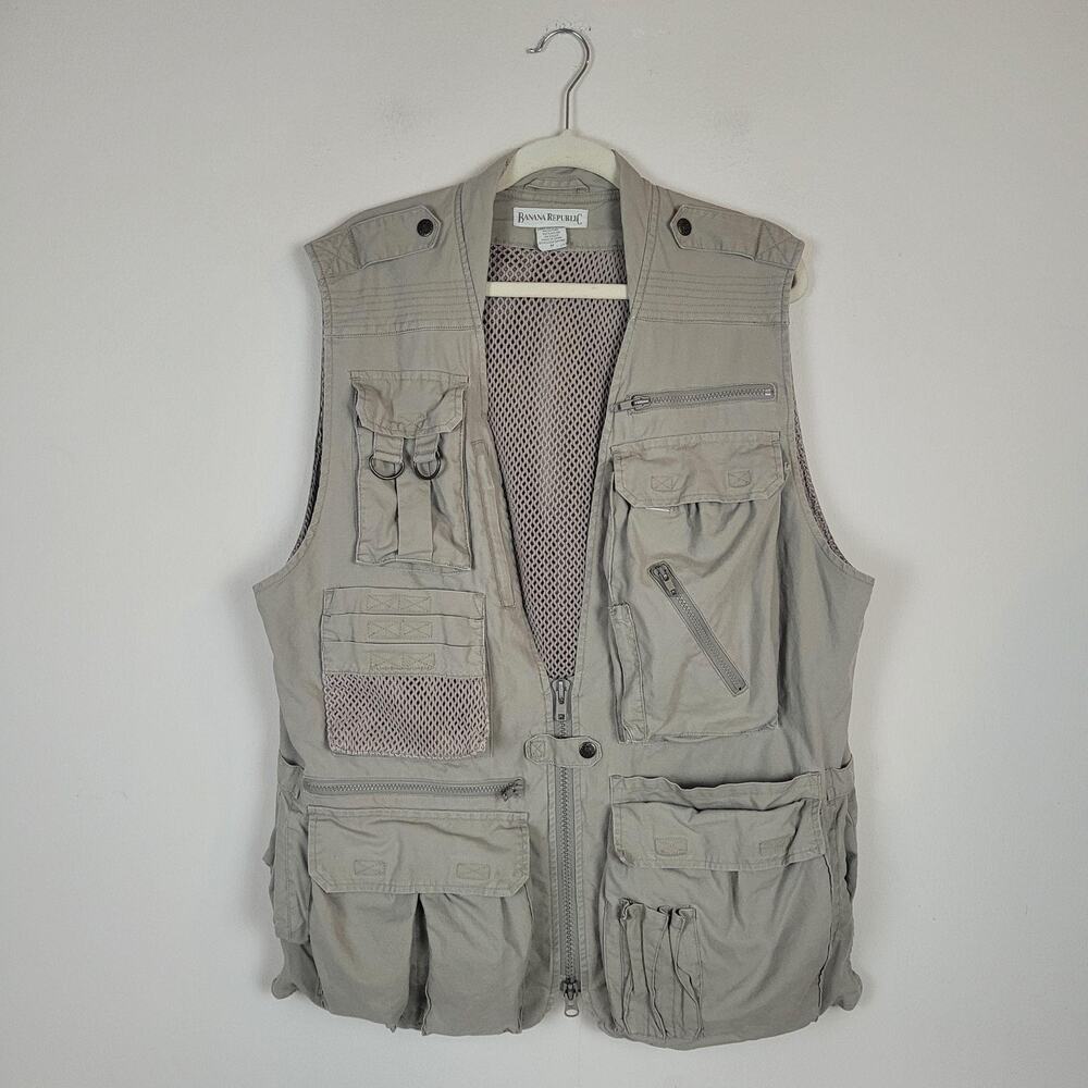Vintage Banana Republic Vest Med Beige Khaki Utility Travel Safari Multi Pocket